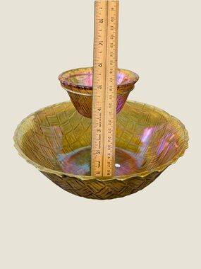 Vintage Marigold Carnival Glass Chip & Dip Set Basketweave